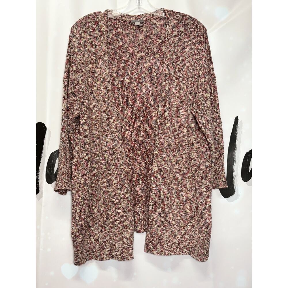 J Jill Cardigan Sweater Size Large Red Black‎ White Multi Color Open Front Knit